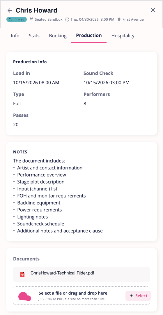VenuePilot artist Production tab — production info, notes, and documents