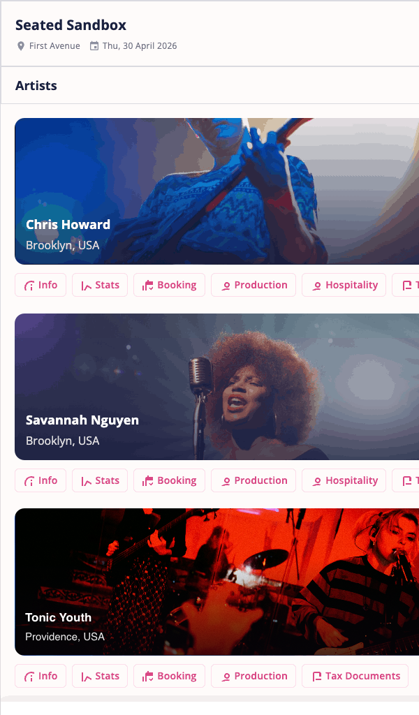 VenuePilot Artists panel — artist index