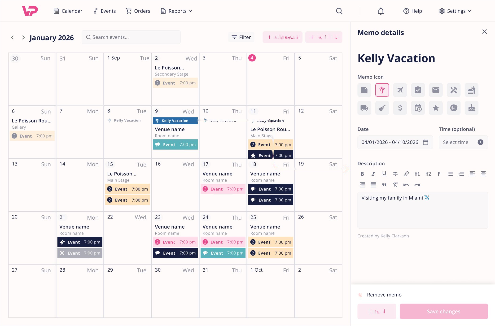 VenuePilot calendar with a Memo Details panel open showing a Kelly Vacation memo