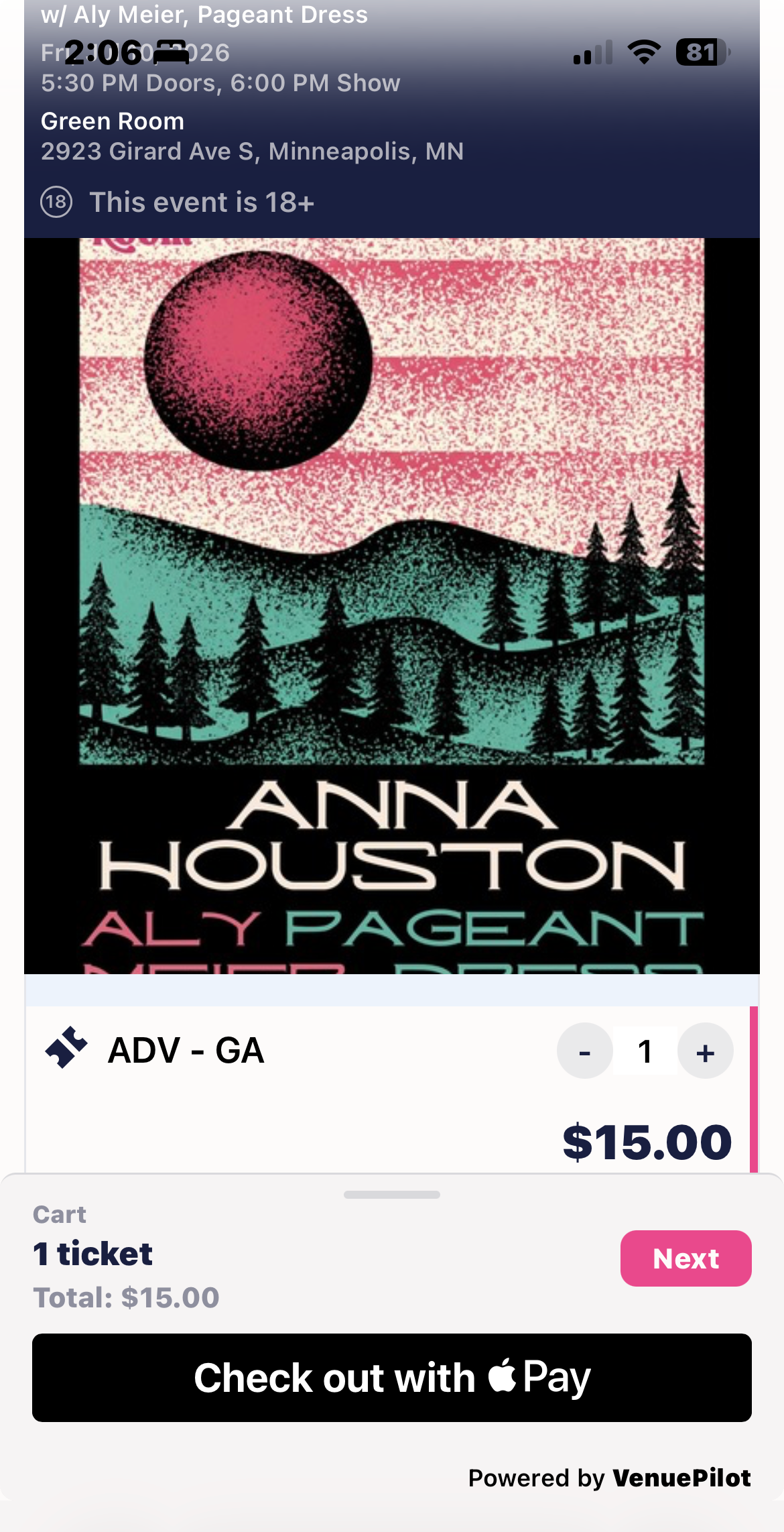 VenuePilot mobile checkout — Anna Houston at Green Room