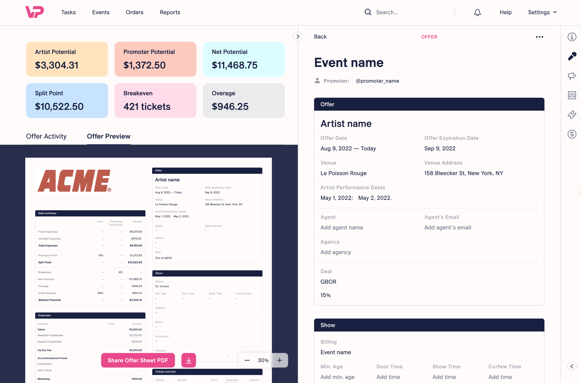 VenuePilot offer sheet and deal summary